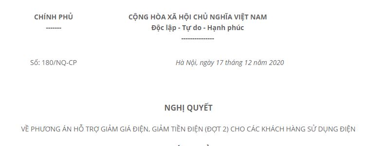 Nội dung toàn văn Nghị quyết 180/NQ-CP 2020 phương án hỗ trợ giảm giá điện tiền điện đợt 2 cho khách hàng