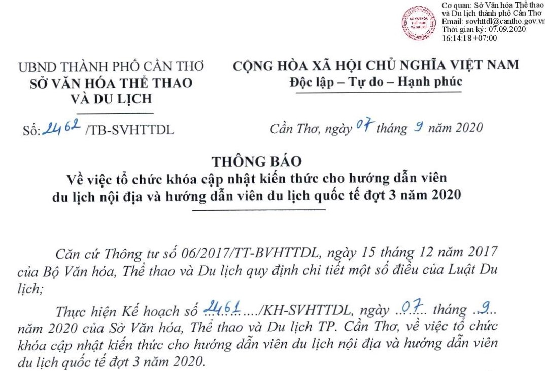 Tổ chức khóa cập nhật kiến thức cho hướng dẫn viên du lịch nội địa và hướng dẫn viên du lịch quốc tế đợt 3 năm 2020