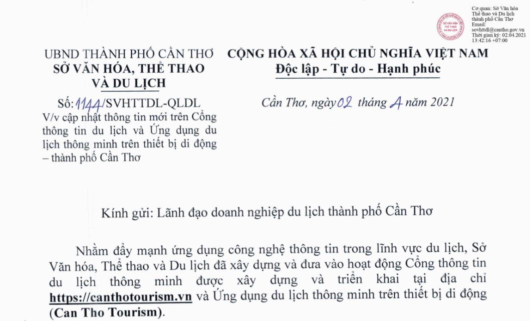 Số 1144/SVHTTDL-QLDL