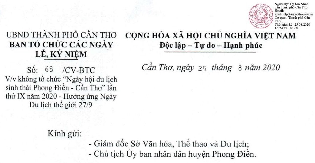 Không tổ chức "Ngày hội du lịch sinh thái Phong Điền- Cần Thơ" lần thứ IX năm 2020 - Hưởng ứng ngày Du lịch thế giới 27/9