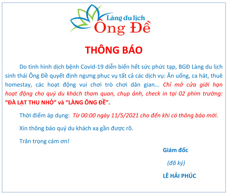 Làng du lịch Ông Đề thông báo